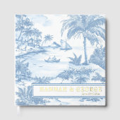 Blue Coastal Toile Wedding Gold Foil Luxus Gästebuch (Vorderseite)