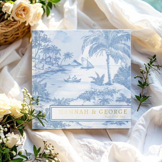 Blue Coastal Toile Wedding Gold Foil Luxus Gästebuch