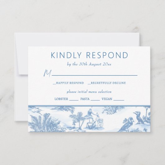 Blue Coastal Toile Wedding RSVP Antwortkarte (Vorderseite)