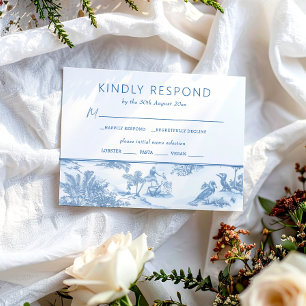 Blue Coastal Toile Wedding RSVP Antwortkarte Karte
