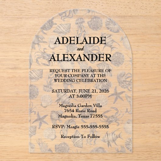 Blue Coastal Wedding Acryleinladungen (Vorderseite)