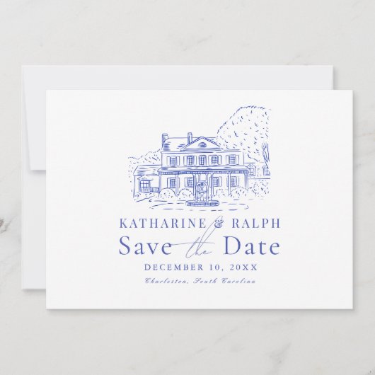 Blue Colonial House/Mansion/Manor Save the Date Einladung (Vorderseite)