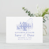 Blue Colonial House/Mansion/Manor Save the Date Einladung (Stehend Vorderseite)