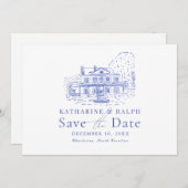 Blue Colonial House/Mansion/Manor Save the Date Einladung (Vorne/Hinten)