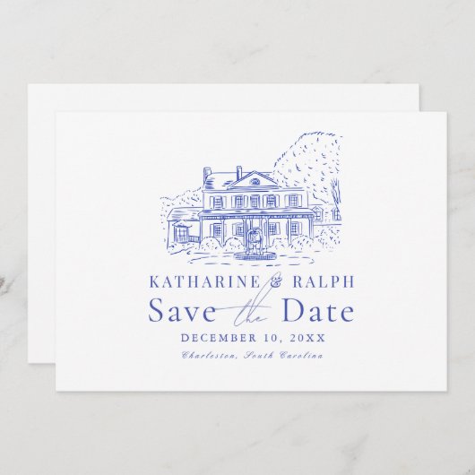 Blue Colonial House/Mansion/Manor Save the Date Einladung (Vorne/Hinten)