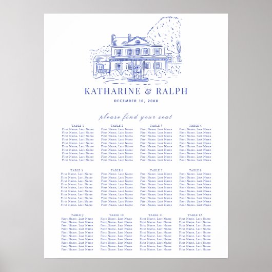 Blue Colonial House/Mansion/Manor Seating Chart Poster (Vorne)