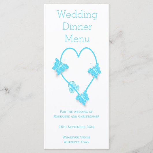 Blue Colored Butterfly Herz Hochzeitsessen Menükarte (Vorderseite)