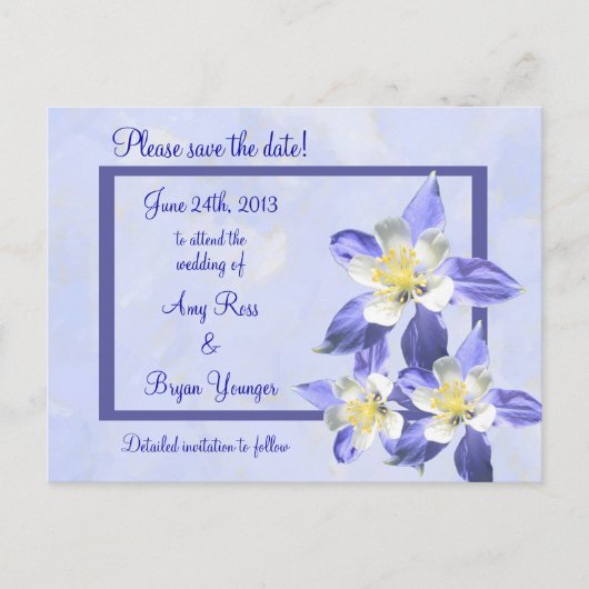 Blue Columbine Save the Date Wedcard Ankündigungspostkarte (Vorderseite)