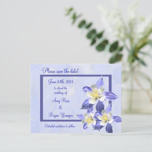Blue Columbine Save the Date Wedcard Ankündigungspostkarte (Stehend Vorderseite)