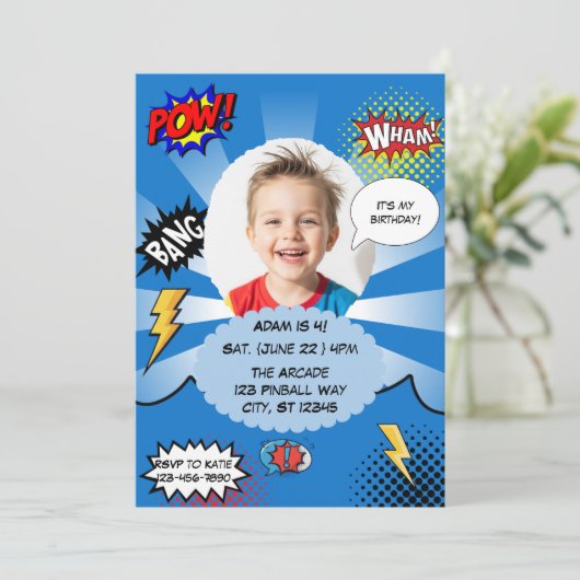 Blue Comic Birthday Party Einladung (Stehend Vorderseite)