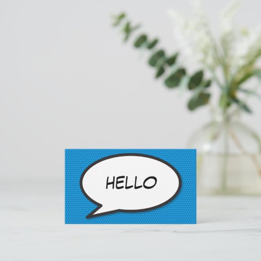 Blue Comic Book Pop Art Speech Bubble HELLO Visitenkarte (Stehend Vorderseite)