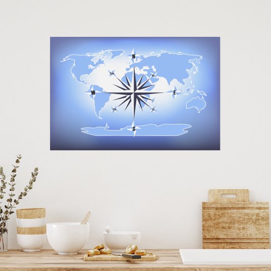 Blue Compass Rosen World Map Poster (Küche)