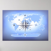 Blue Compass Rosen World Map Print Poster (Vorne)