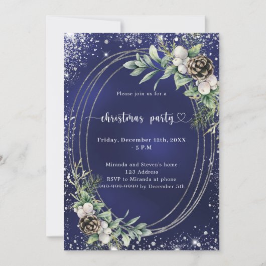 Blue cone pine greenery glitter Christmas Party Einladung (Vorderseite)