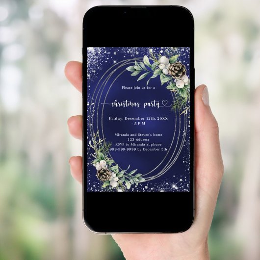 Blue cone pine greenery glitter Christmas Party Einladung