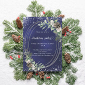 Blue cone pine greenery glitter Christmas Party Einladung