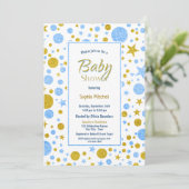 Blue Confetti Boy Baby Dusche Einladung (Stehend Vorderseite)