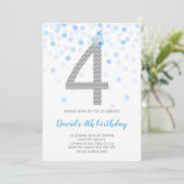 Blue Confetti Boy Party 4. Geburtstag Einladung (Stehend Vorderseite)