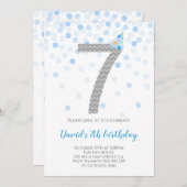 Blue Confetti Boy Party 7. Geburtstag Einladung (Vorne/Hinten)