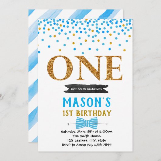 Blue Confetti Einladung zum ersten Geburtstag (Vorne/Hinten)