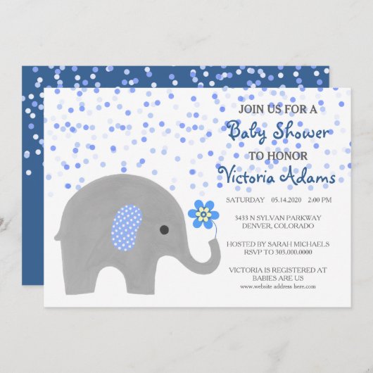 Blue Confetti Elephant Baby Boy Dusche Einladung (Vorne/Hinten)