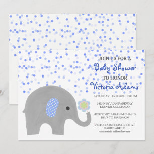 Blue Confetti Elephant Baby Dusche Einladung