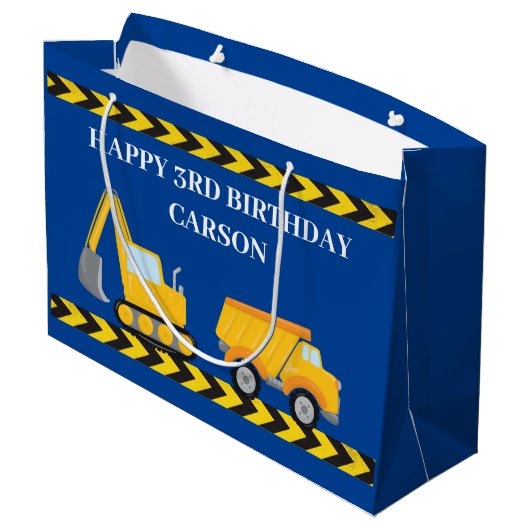 Blue Construction Truck Boys Custom Kindergeburtst Große Geschenktüte (Rückseite Schrägansicht)