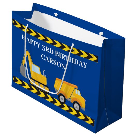 Blue Construction Truck Boys Custom Kindergeburtst Große Geschenktüte (Vorderseite Schrägansicht)