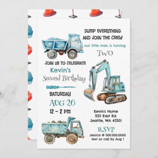 Blue Construction Trucks Boy Birthday Party Einladung (Vorne/Hinten)