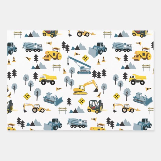Blue Construction Trucks & Site Theme Muster Geschenkpapier Set (Vorderseite)