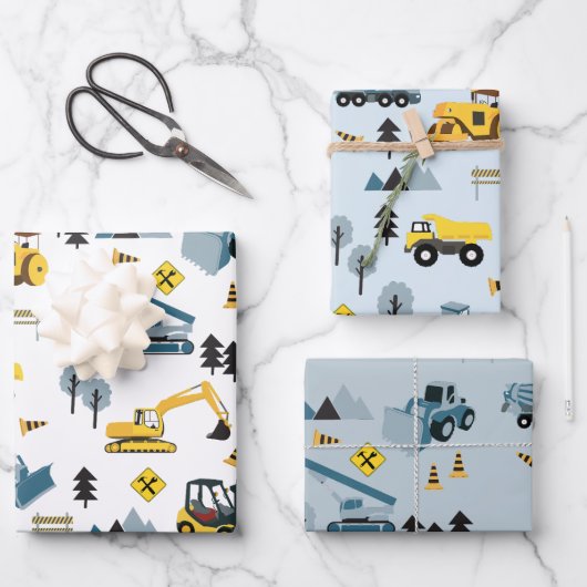 Blue Construction Trucks & Site Theme Muster Geschenkpapier Set (Vorderseite)