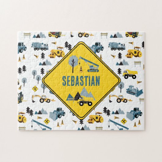 Blue Construction Trucks & Site Theme Muster Puzzle (Horizontal)