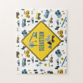 Blue Construction Trucks & Site Theme Muster Puzzle (Vertikal)