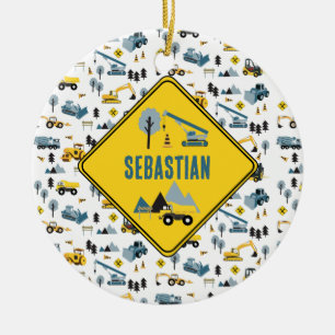Blue Construction Trucks & Site Theme Pattern Keramik Ornament