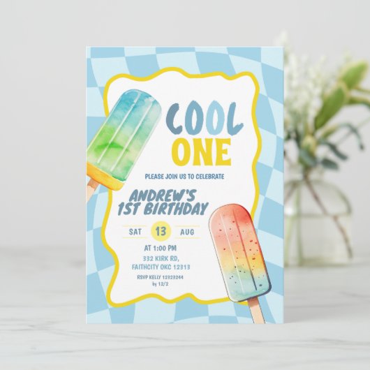 Blue Cool One Popsicle Summer Boy Birthday Einladung (Stehend Vorderseite)