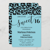 Blue Cool Trendy attraktive Leoparden süß 16 Einladung (Vorne/Hinten)