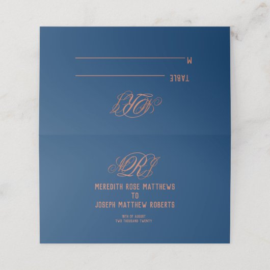 Blue Copper Monogram Elegant Script Wedding Platzkarte (Außenseite Aufgefaltet)