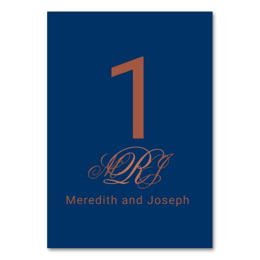 Blue Copper Monogram Elegant Script Wedding Tischnummer (Rückseite)