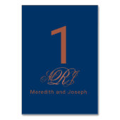 Blue Copper Monogram Elegant Script Wedding Tischnummer (Vorderseite)