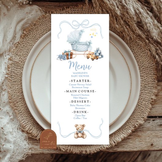 Blue Coquette Baby Carriage Baby Shower Flat Menu Menükarte