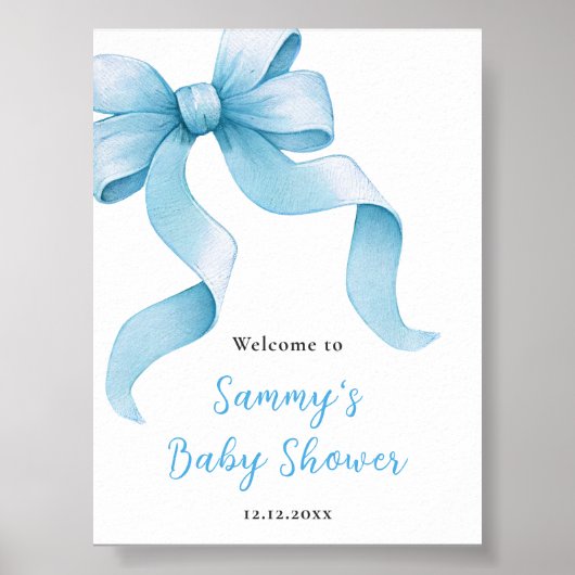 Blue Coquette Bow Baby Dusche Begrüßungszeichen Poster (Vorne)