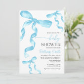 Blue Coquette Bow Baby Dusche Einladung (Stehend Vorderseite)