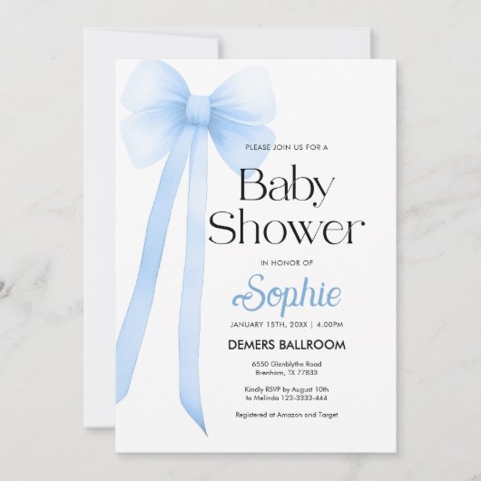 Blue Coquette Bow Baby Dusche Einladung (Vorderseite)