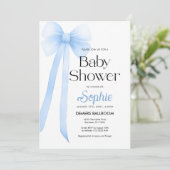 Blue Coquette Bow Baby Dusche Einladung (Stehend Vorderseite)