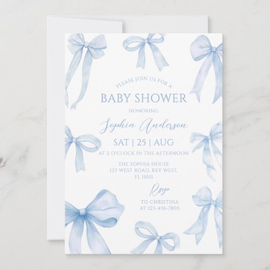 Blue Coquette Bow Baby Dusche Einladung (Vorderseite)