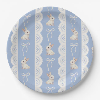 Blue Coquette Bow Bunny Lace Pattern Paper Plate Pappteller