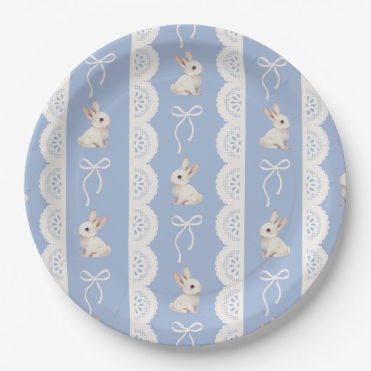 Blue Coquette Bow Bunny Lace Pattern Paper Plate Pappteller (Vorderseite)