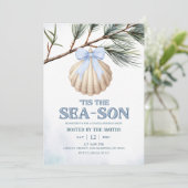 Blue Coquette Bow Coastal Christmas Einladung (Stehend Vorderseite)