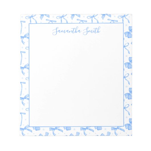 Blue Coquette Bow Custom Name Notizblock (Vorderseite)