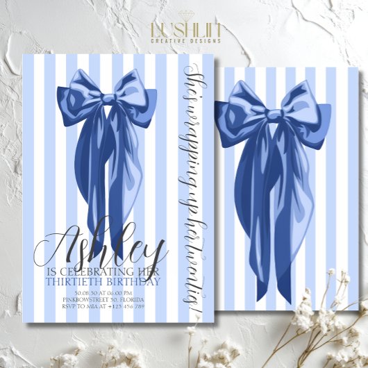 Blue Coquette Bow Elegant Thirtieth Birthday Einladung